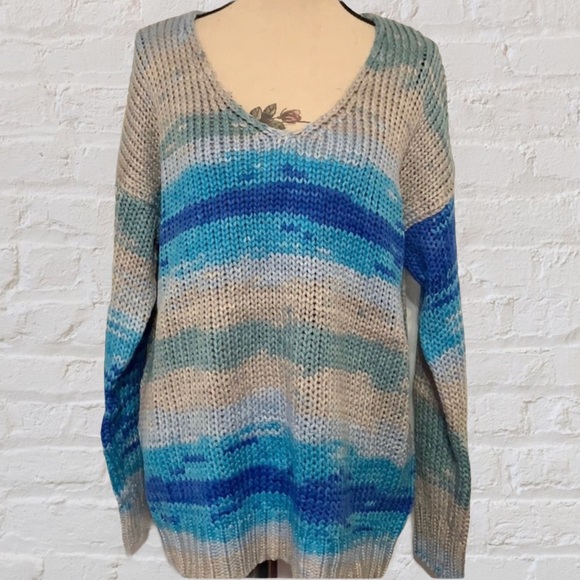 ❌DONATED❌Blue Multicolor Oversized Stripe Cable Knit Tunic Sweater Top - Picture 3 of 9